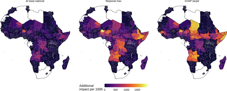 Change of deaths averted per 100,000 live births in 2019 under the different scenarios of inequality reduction.